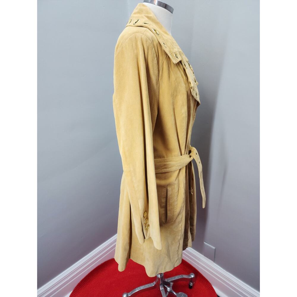 Y2K Bradley Bayou Butter Yellow-Tan Suede Trench Coat Floral Lined - XL - Picture 4 of 10
